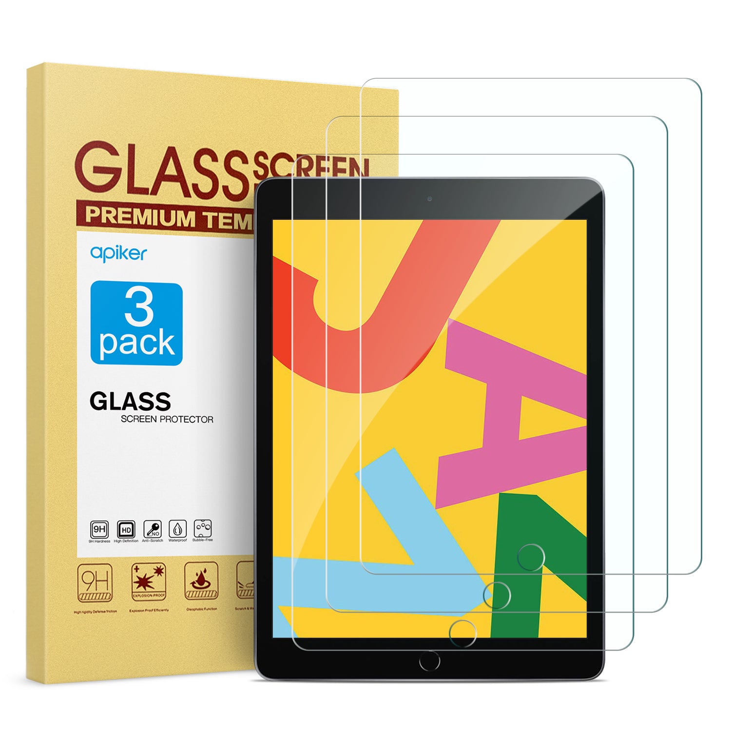 [3 Pack] Screen Protector for iPad 10.2 Inch 2019 Release, apiker Tempered Glass Screen Protector Compatible with Apple Pencil