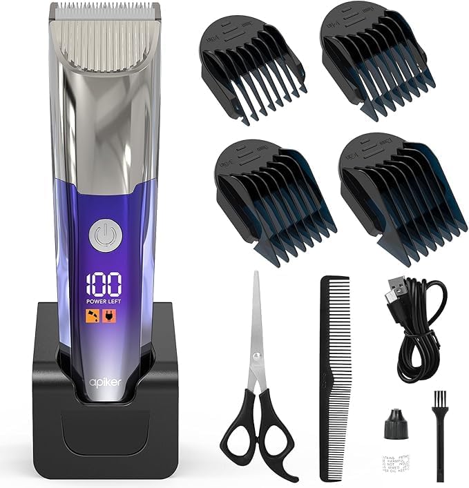Apiker Professional Hair Trimmer Men's with Ultra Sharp Ceramic Blade, 4 Comb Attachments, Men's Hair Trimmer with LED Display, Long Hair Trimmer USB Rechargeable, Cordless Trimmer