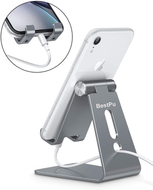 BestPu Adjustable Cell Phone Stand, Aluminum Desktop Phone Holder Dock Compatible with iPhone 11 Pro Max Xs XR 8 Plus 7 6, Samsung Galaxy, Google Pixel, Android Phones, Silver