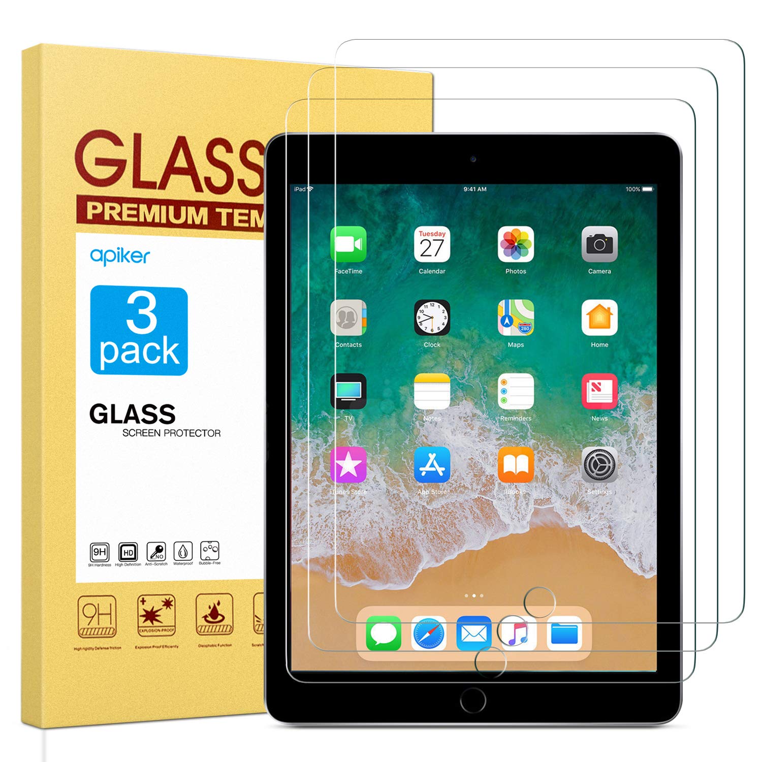 [3 Pack] Screen Protector for iPad 9.7 (2018 & 2017) / iPad Pro 9.7, apiker Tempered Glass Screen Protector Compatible with Apple Pencil