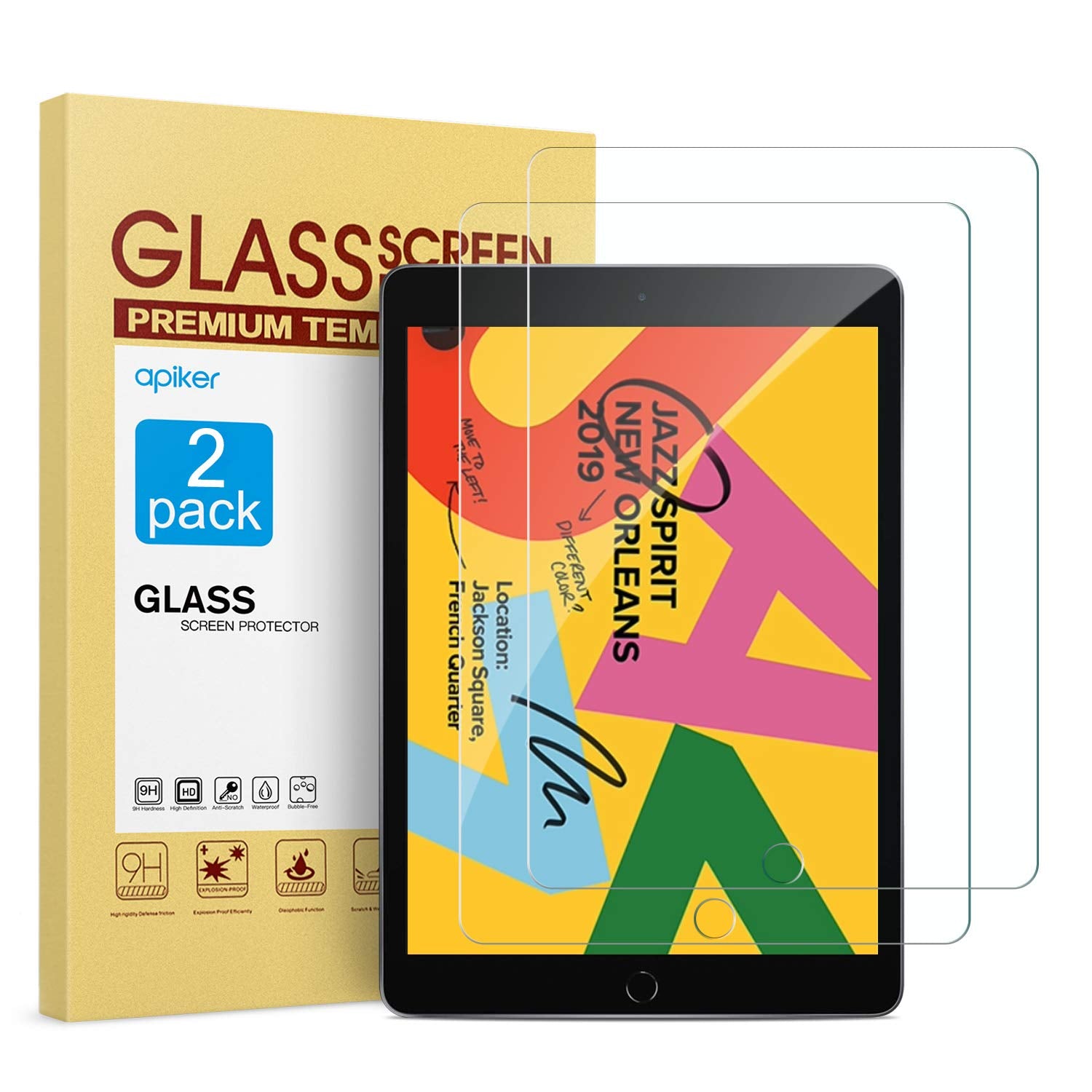 [2 Pack] Screen Protector for iPad 10.2 Inch 2019 Release, apiker Tempered Glass Screen Protector Compatible with Apple Pencil