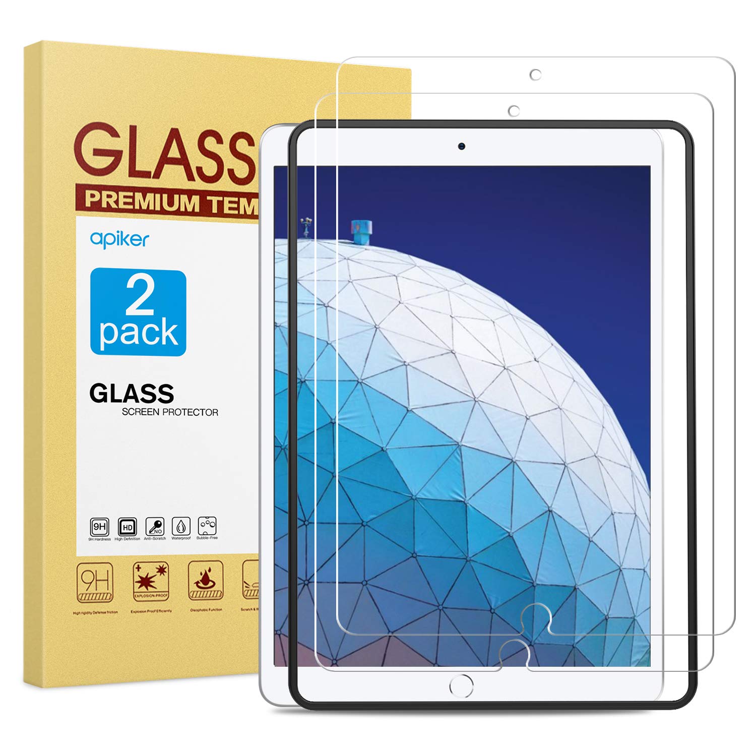 [2 Pack] Screen Protector for iPad Air 3 2019 / iPad Pro 10.5 Inch, apiker Tempered Glass Screen Protector with [Alignment Frame] [Apple Pencil Compatible]