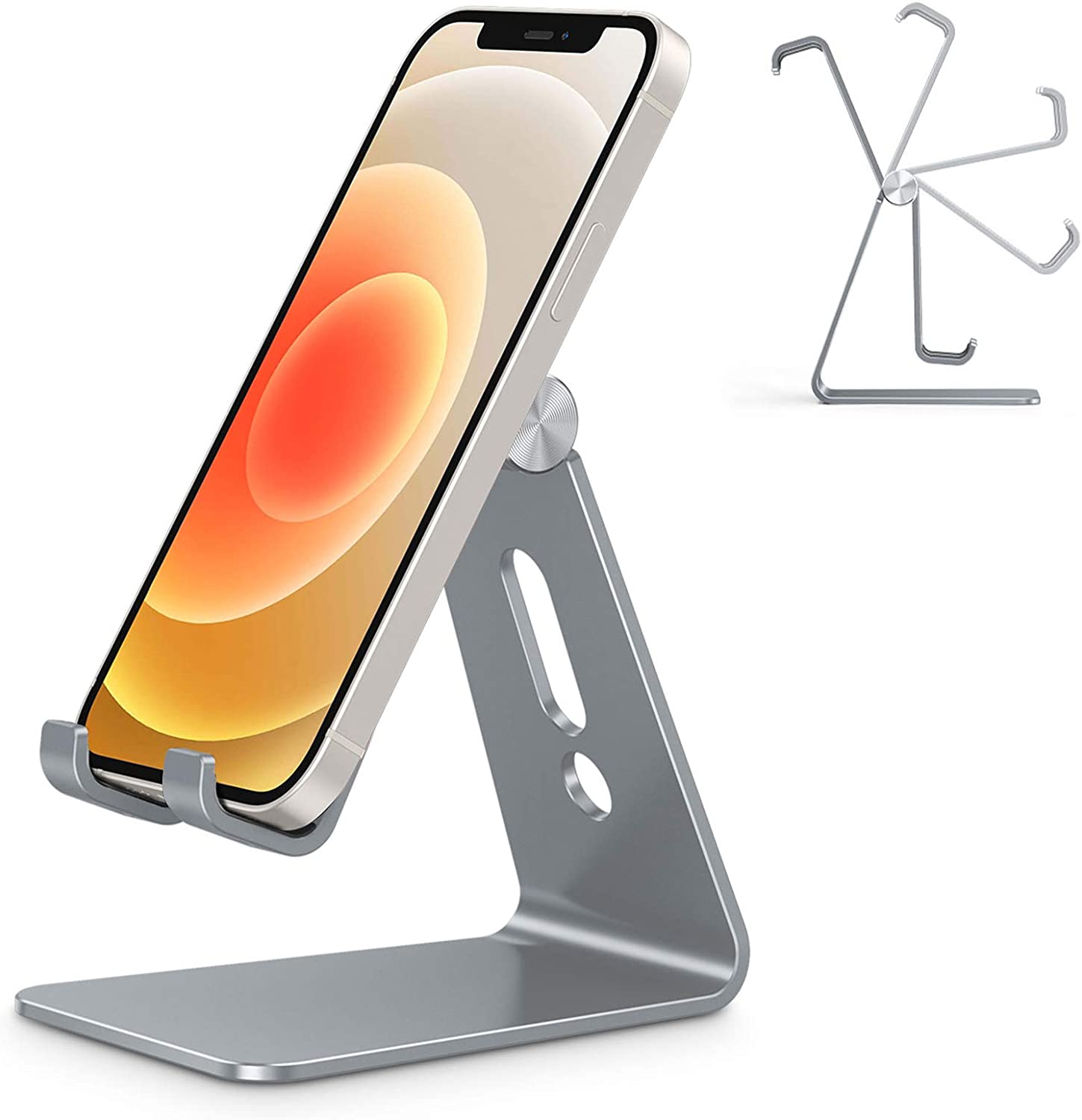 BestPu Adjustable Cell Phone Stand, Aluminum Desktop Phone Holder Dock Compatible with iPhone 11 Pro Max Xs XR 8 Plus 7 6, Samsung Galaxy, Google Pixel, Android Phones, Silver